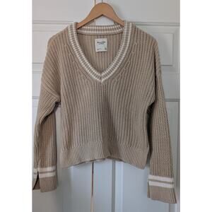 Abercrombie & Fitch Tan Easy Tipped Chunky Preppy V Neck Sweater Academia